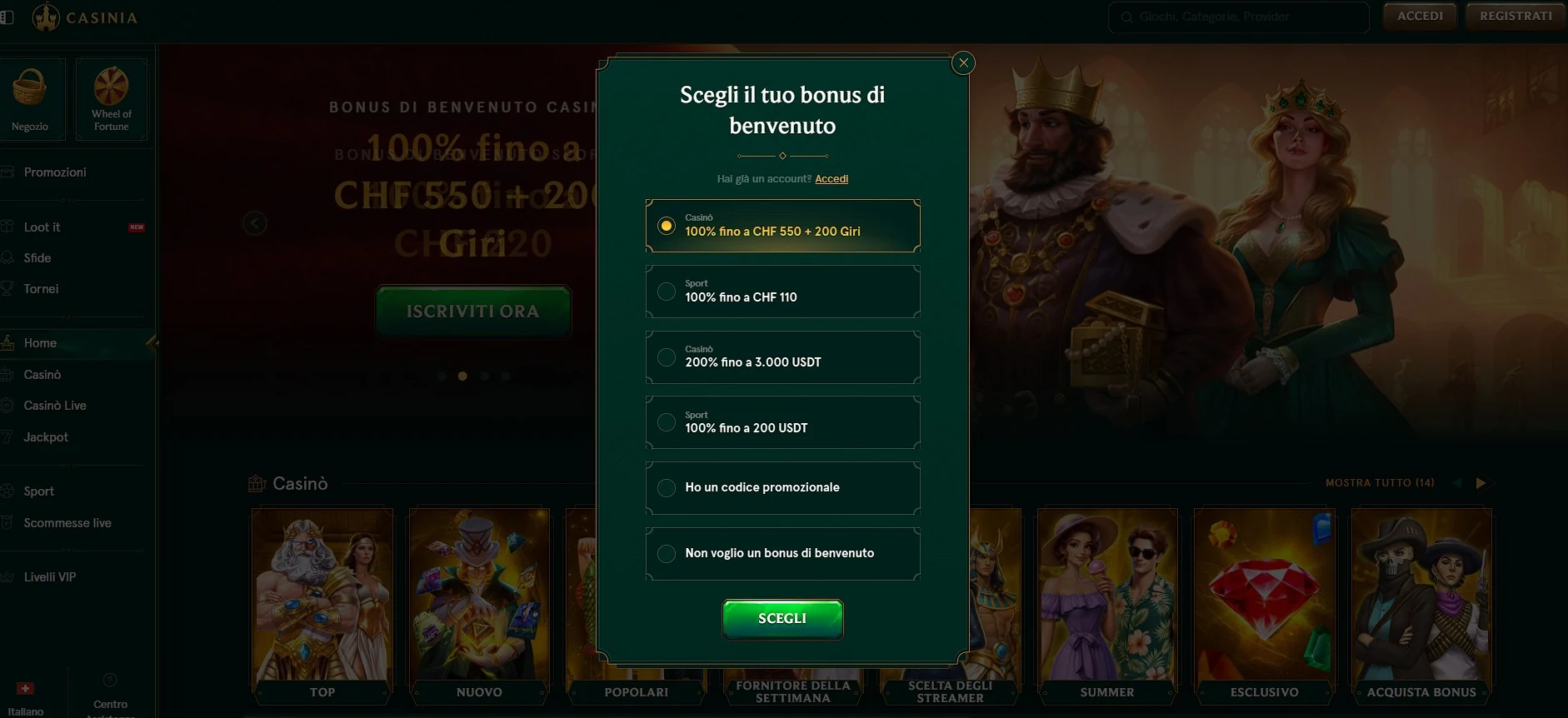 Scelta del bonus di benvenuto Casinia Casino durante la registrazione